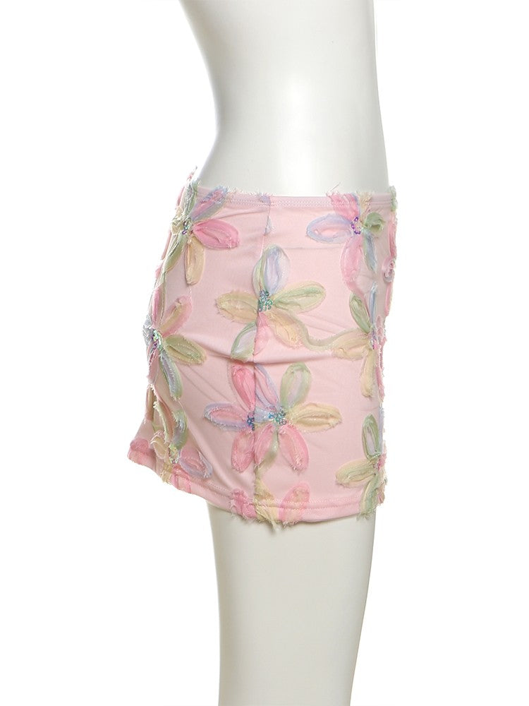 Weird Puss Colorful Flowers Skirts Women Sequins Patchwork Mesh Summer Trend Sweet Street Party Casual Holiday Chic Mini Bottoms