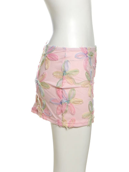 Weird Puss Colorful Flowers Skirts Women Sequins Patchwork Mesh Summer Trend Sweet Street Party Casual Holiday Chic Mini Bottoms