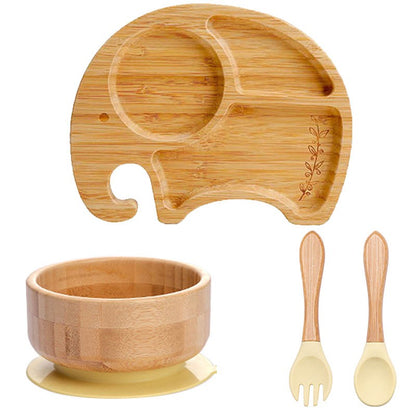 4pcs Bamboo Plate Sets Baby Feeding Bowl Wooden Kids Feeding Supplies Spoon Fork for Baby Tableware Suction Plate Bowl Cup