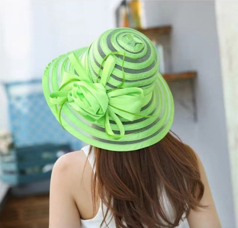 Chapéus de Sol de Organza Femininos Elegantes Chapéu Bucket para Mulheres Chapéu de Festa de Casamento na Igreja Chapéu Fedora Floral Grande de Aba Larga da Moda de Verão