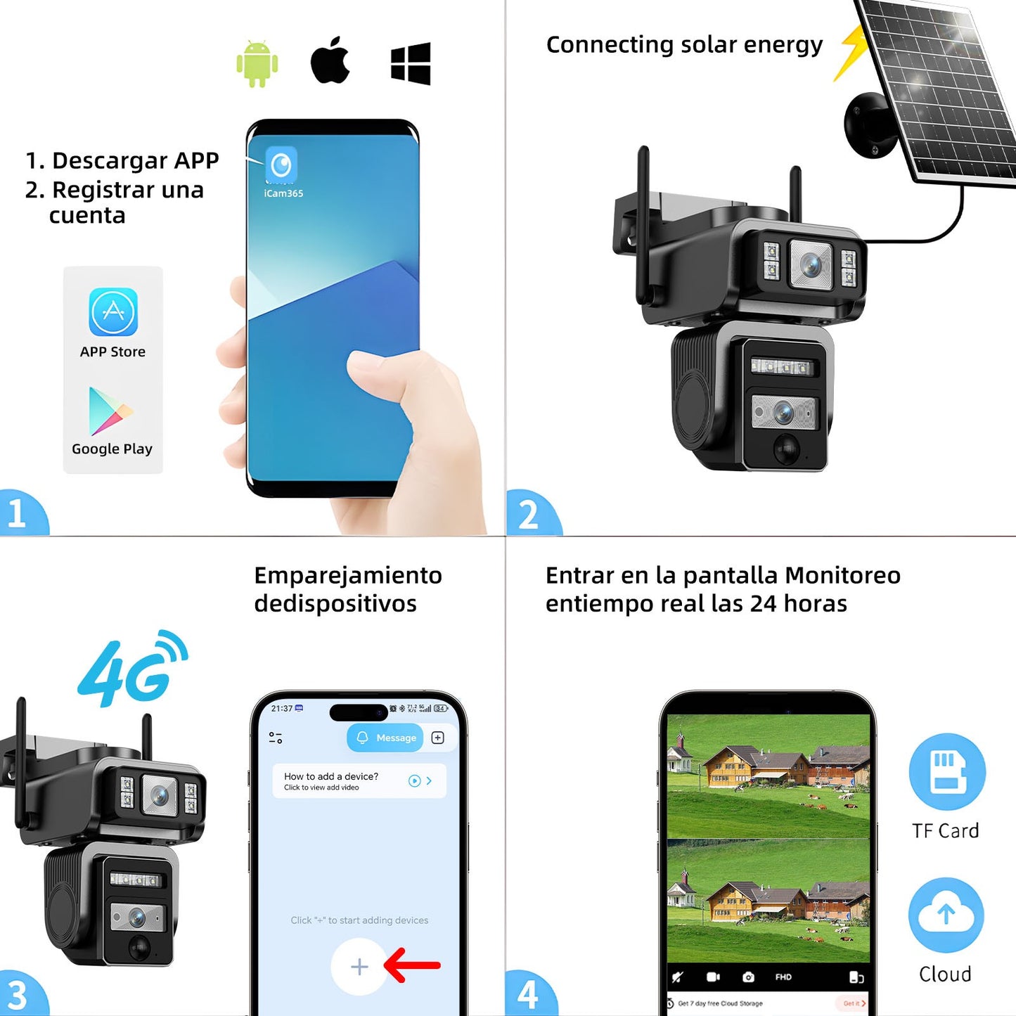 Câmera Solar de Lente Dupla Câmera de Segurança WIFI para Exterior Painel Solar com Bateria Câmeras IP PTZ de segurança CCTV