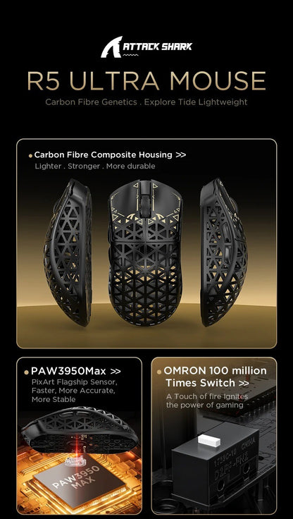ATTACK SHARK R5 Ultra Wireless Gaming Mouse 39g Lightweight Carbon Fiber 8K Polling PAW3950MAX 42000 DPI Tri-Mode Esports Mouse