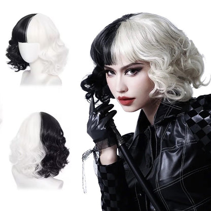 Peruca de cabelo sintético de cosplay da Cruella metade preta e metade branca de 30 cm, curta e encaracolada, para Halloween, festa diária, com franja