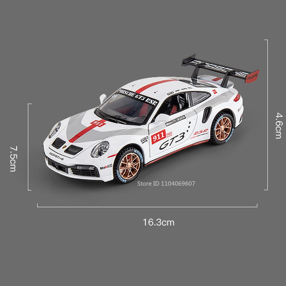 1:32 911 GT3 RSR Miniature Sports Car Model Toys Alloy Diecast Vehicles 4 Doors Opened Pull Back Sound Light Supercar Boys Gifts