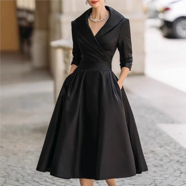 Elegant Wedding Guest Dress Women Turndown Collar Mid-Length Waisted A-Line Satin Evening Dress Cocktail Party Midi Dresses