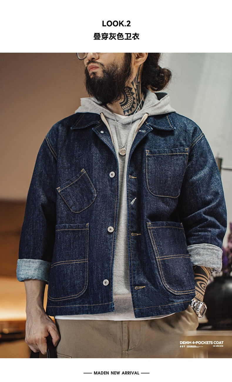 Maden Vintage Asymmetrical Four-pocket Design Denim Coat for Men 14OZ Single-breasted Turn-down Collar Jacket Autumn Work Coat