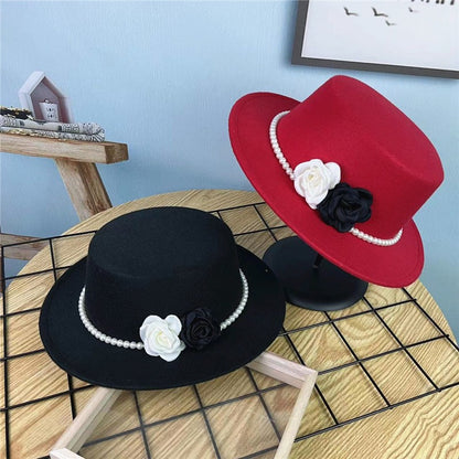 Chapéu Fedora Feminino Corrente Floral Alta Costura com Alfinetes de Pérola Boné em Relevo Preto Branco Outono Inverno Chapéu de Aba Larga para Meninas