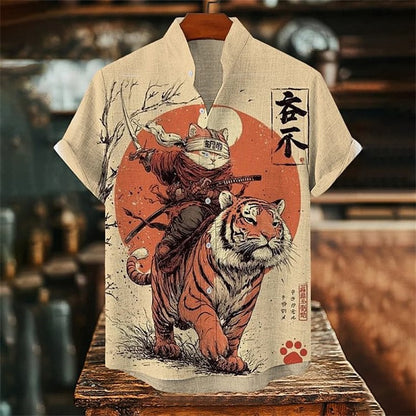 Hawaiian Summer 3D Cat Printed Men's Linen Shirt Casual Short Sleeve Shirt Loose, Vintage, Funny Men's Costume