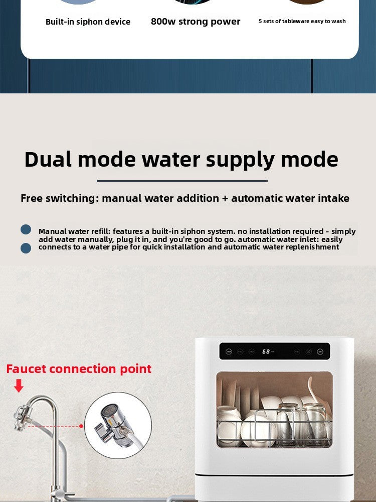 Desktop Household Dishwasher Plastic Intelligent Fully Automatic Disinfecting High Temperature 5 Sets Capacity 800W Electric