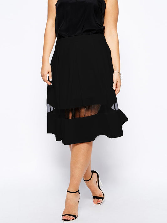 Plus Size Elastic Waist Summer Elegant A-line Skirt Women Mesh Panel Formal Pleated Midi Skirt Large Size Casual Flare Skirt 6XL