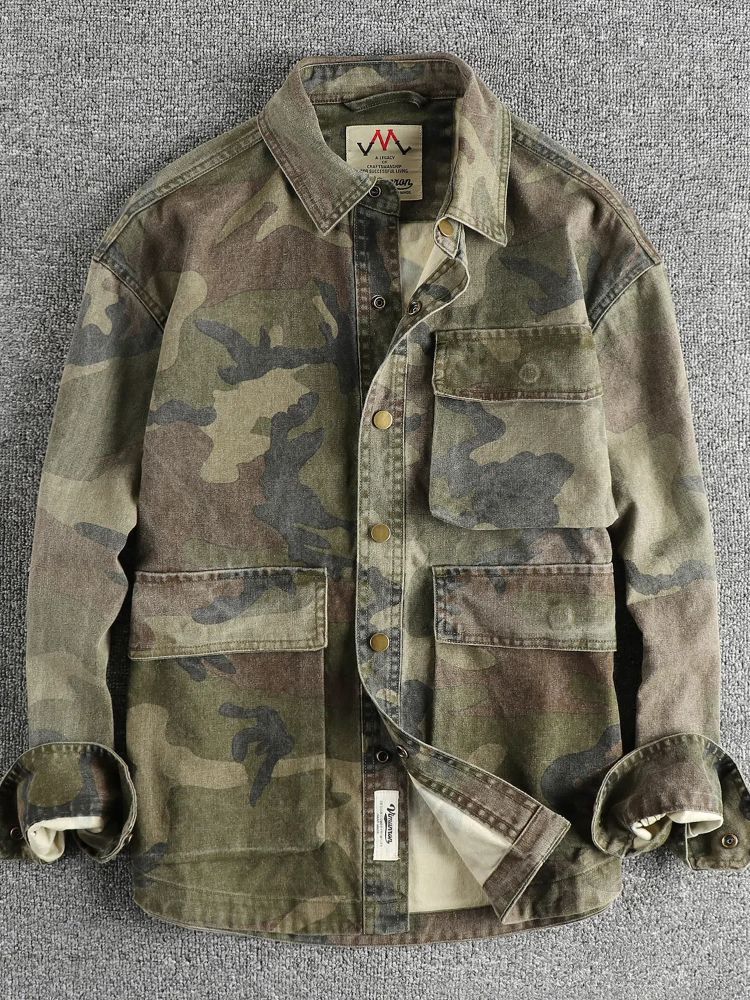 2024 Autumn New American Retro Woven Camouflage Cargo Shirt Men's Fashion 100% Cotton Washed Multi-pocket Casual Thin Jacket