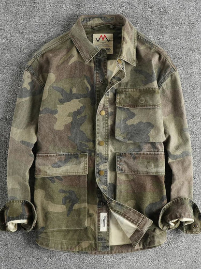 2024 Autumn New American Retro Woven Camouflage Cargo Shirt Men's Fashion 100% Cotton Washed Multi-pocket Casual Thin Jacket