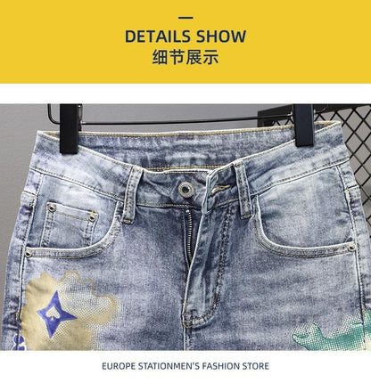 Summer 2024 New Fashion Trend Printed Stretch Cotton Shorts Men's Casual Sashimi Comfort High Quality Plus-Size Denim Shorts