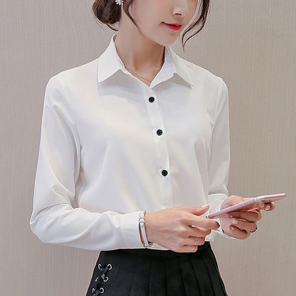 GAOKE OL Work Wear White Blue Blouse  Long Sleeve Turn-down Collar Formal Elegant Female Shirt Ladies Tops School