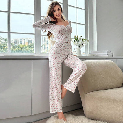 Autumn Winter Pajamas Set Women Sleepwear Floral Print Lettuce Trim Top with Long Pant Lovely Loungewear Full Sleeve Nightwear