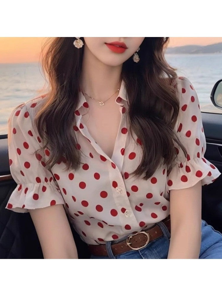 Ladies Fashion Loose Simplicity Elegant Trend Vintage Women's Shirt Buttons Polka Dot Flare Sleeve Temperament Short Sleeve Top