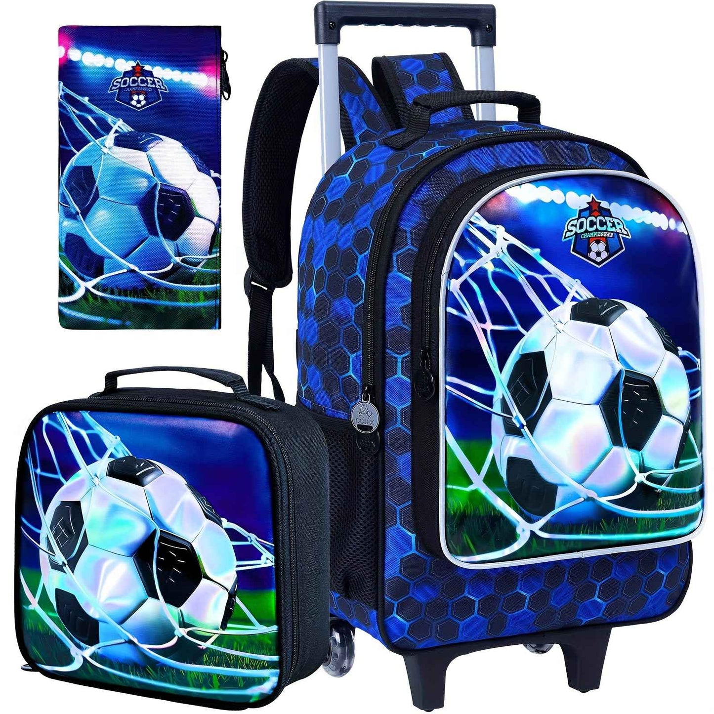Mochila de Rodinhas 3 Peças para Meninos, Mochila Escolar com Rodinhas de Futebol com Lancheira, Mochilas de Rodinhas de Futebol para Adolescentes Meninos Ensino Fundamental