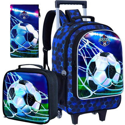Mochila de Rodinhas 3 Peças para Meninos, Mochila Escolar com Rodinhas de Futebol com Lancheira, Mochilas de Rodinhas de Futebol para Adolescentes Meninos Ensino Fundamental