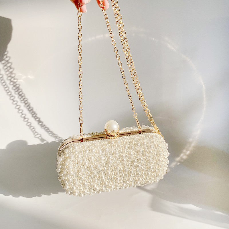 Luxury Crystal Pearl Beaded Evening Clutch Handbag Lady Elegant Wedding Purse Women Oval Shaped Crossbody Chain Bag