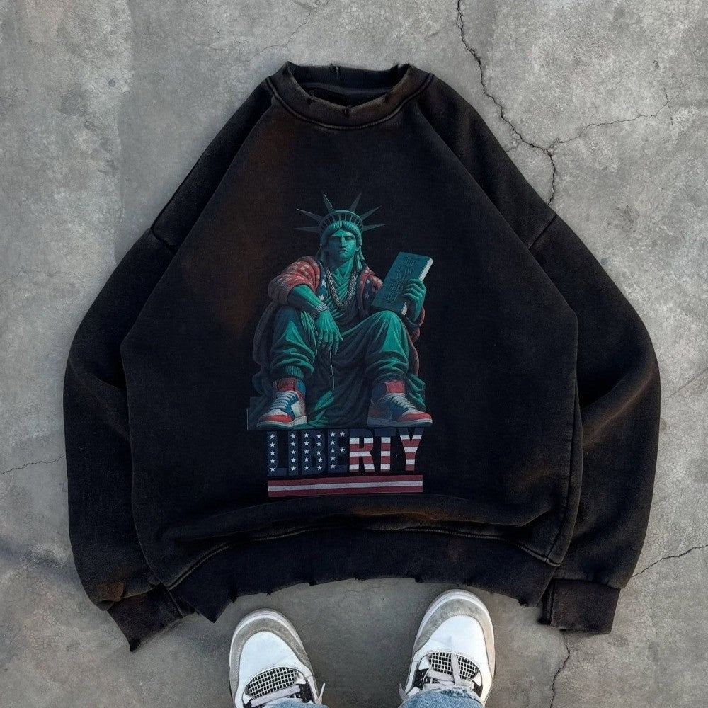 Y2K Washed Distressed Black Round Neck Pullover Sweatshirt Men Women Casual Goth Harajuku Hip Hop Character Graphic Print Hoodie