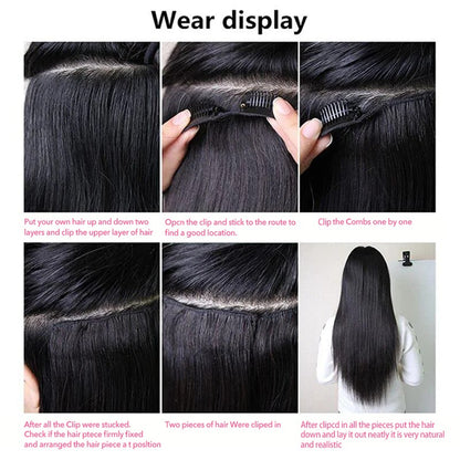Cabelo Sintético Liso com Presilhas, Extensões de Cabelo Preto Suave de 30-45 cm, Aplique Grosso com Presilhas