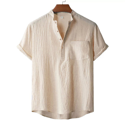 Men's Summer Cotton Linen T-shirt Beach Style Short SLeeve Henley Neck Vacation Hawaii Casual Lightweight Breathable Cozy Tops