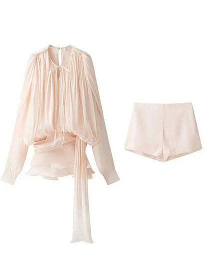 Beige Top Solid Blouse Mini Dresses For Women V Neck Long Sleeve Spliced Lace Up