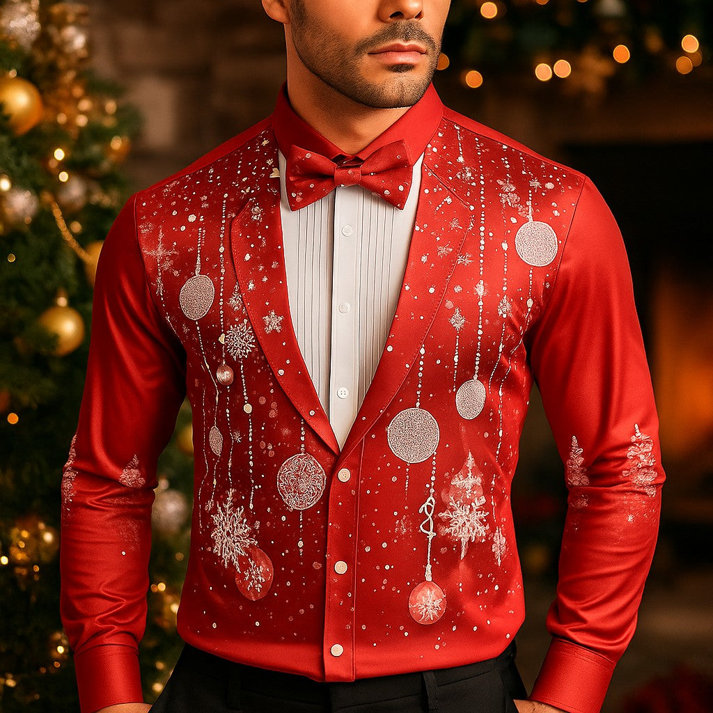 Men's Christmas Snowflake Formal Shirts 3D Printed Tie Design Elegant Tuxedo Style,Holiday Party Wedding Attire,Spring Fall Wear