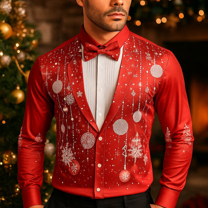 Men's Christmas Snowflake Formal Shirts 3D Printed Tie Design Elegant Tuxedo Style,Holiday Party Wedding Attire,Spring Fall Wear