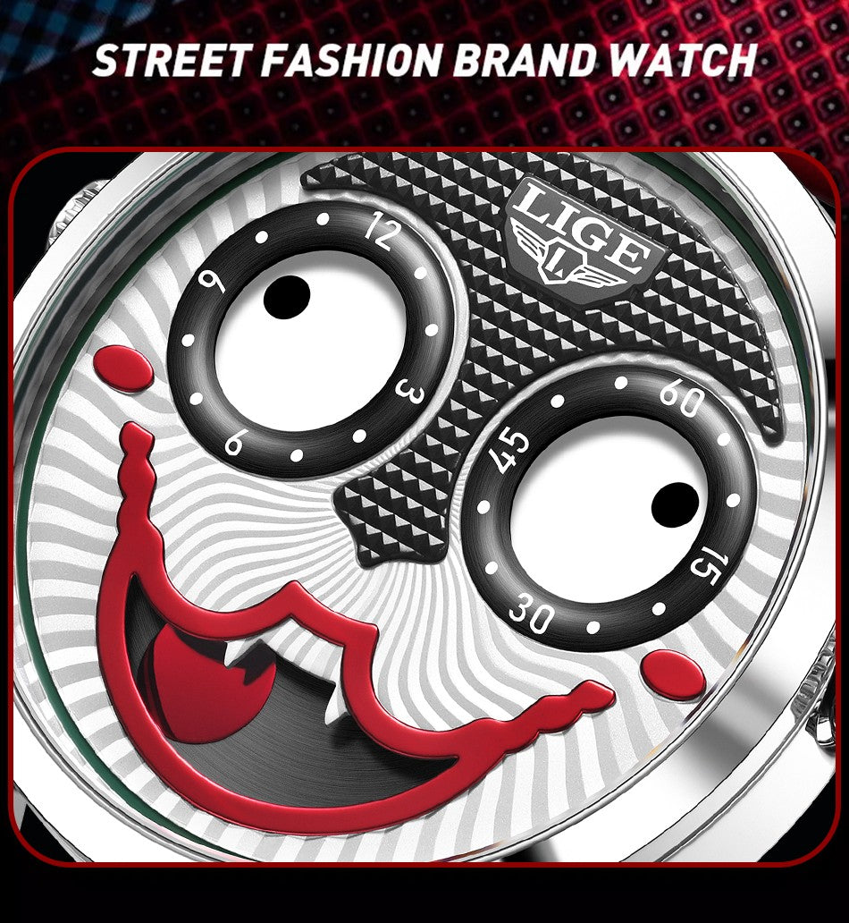 LIGE 2025 Creative Watches For Men Clown Fashion Quartz Wristwatches Waterproof Leather Strap Mens Watch Cool Joker Reloj Hombre
