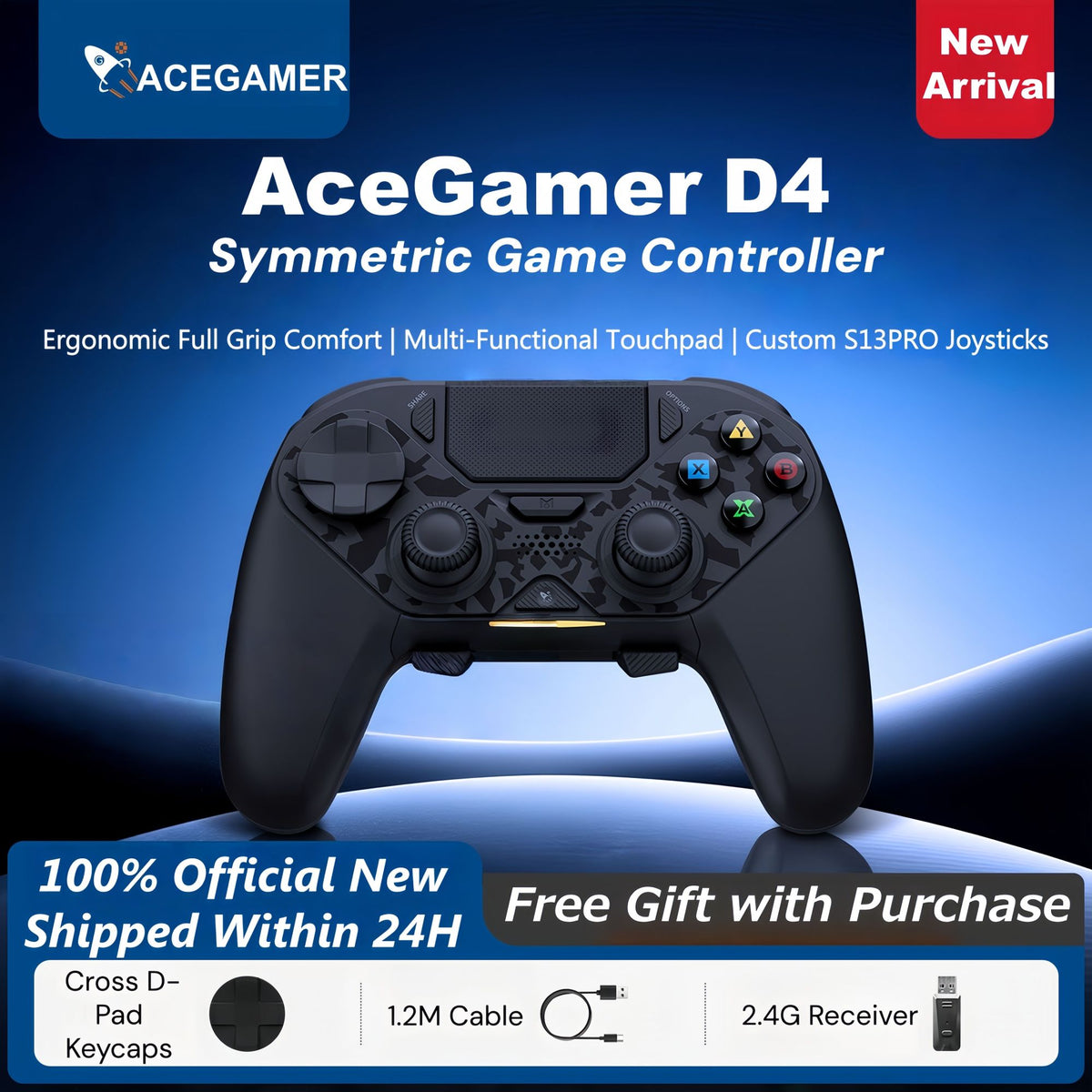 AceGamer D4 Wireless Gaming Controller Symmetric Bluetooth 2 4G Custom Js13pro Joystick for PS4/Pc/Steam/Switch2 Fps Gamers Gift