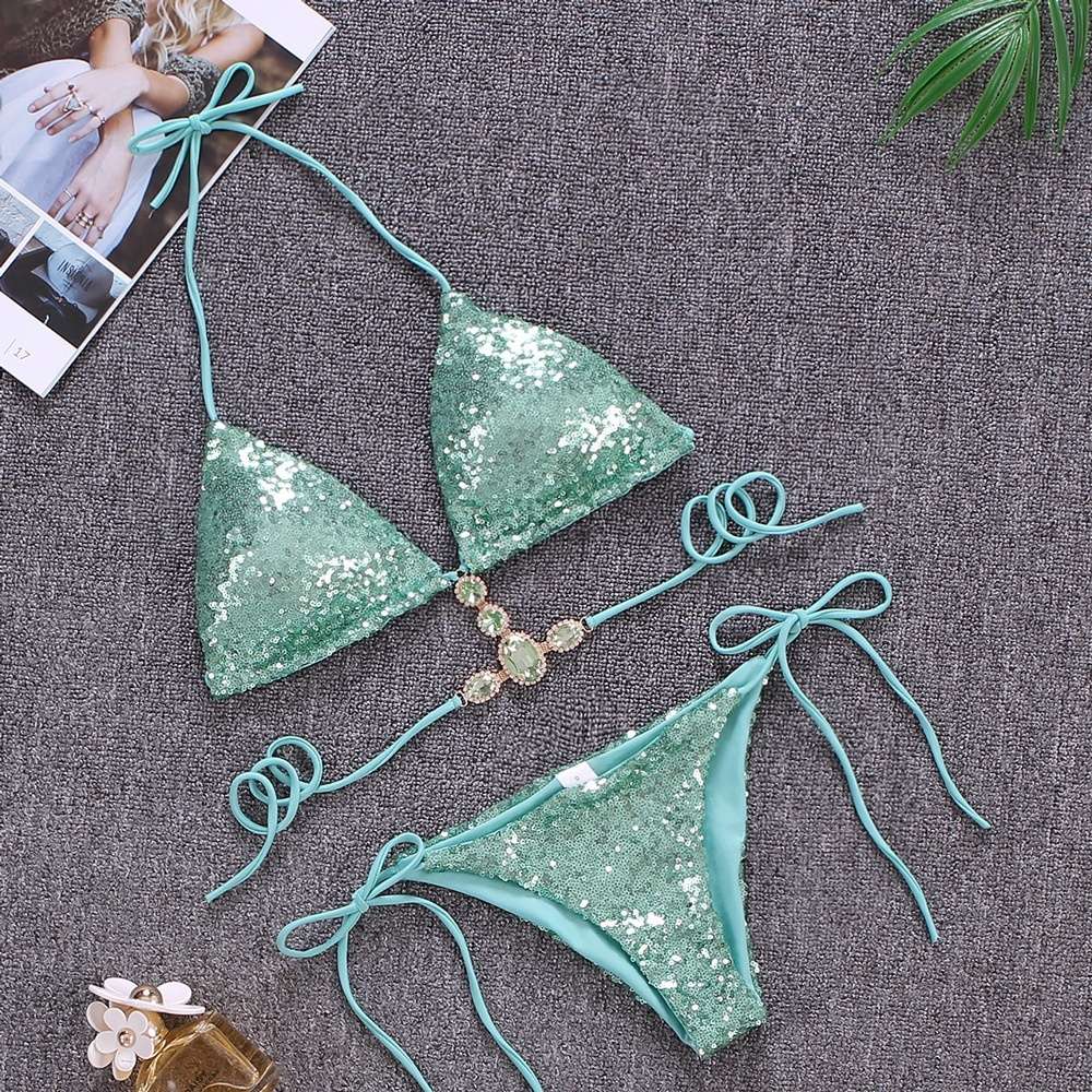Sequins Sexy Bikinis Swimsuit With Rhinestones Women Swimwear Female Push Up Bikini Beach Swim Wear Bathing Suits Pool Bather