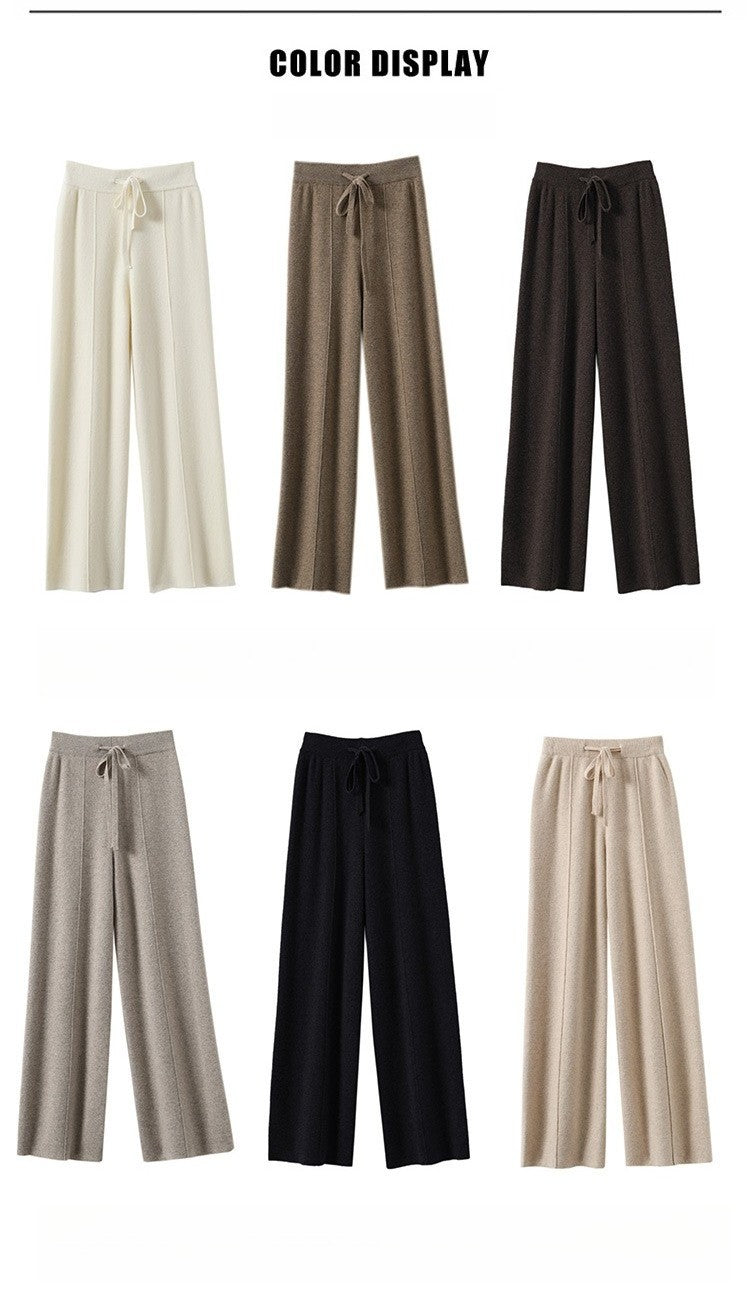 Women's High Waist Knit Wide Leg Pants Thermal Fleece Lined Drawstring Trousers in Earth Tones, Fall Winter Comfort Lounge Wear?