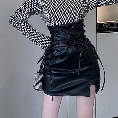 Black Leather Mini Skirts Women Gothic High Waist Slim Fit Lace Up Pencil Skirt Female Sexy Club Back Zipper Split Bag Hip Skirt