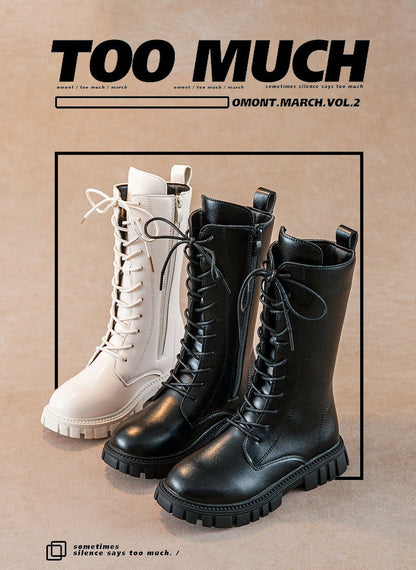 2025 Autumn/Winter  Fashion Cool Baby Girls Warm Square Heel Round Toe Casual Lace-Up Comfortable Kids Black Mid Boots