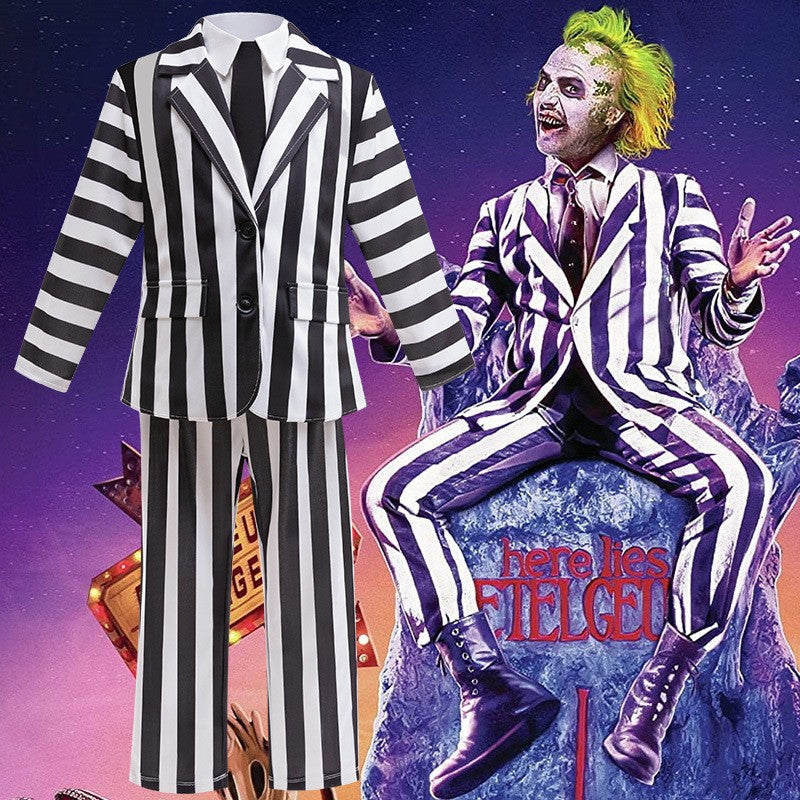 2025 New Halloween Cosplay Costume Black Society Master Stripe Cosplay Suit Set Performance Dress Classic Stripe Two Piece Set
