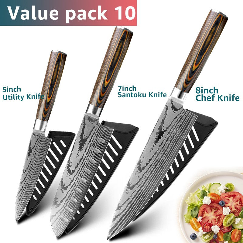 Conjunto de Facas de Cozinha 1-7PÇS Faca de Chef Japonesa Santoku 7CR17 Aço Inoxidável 440C Faca de Imitação de Damasco Cutelo de Carne Fatiador