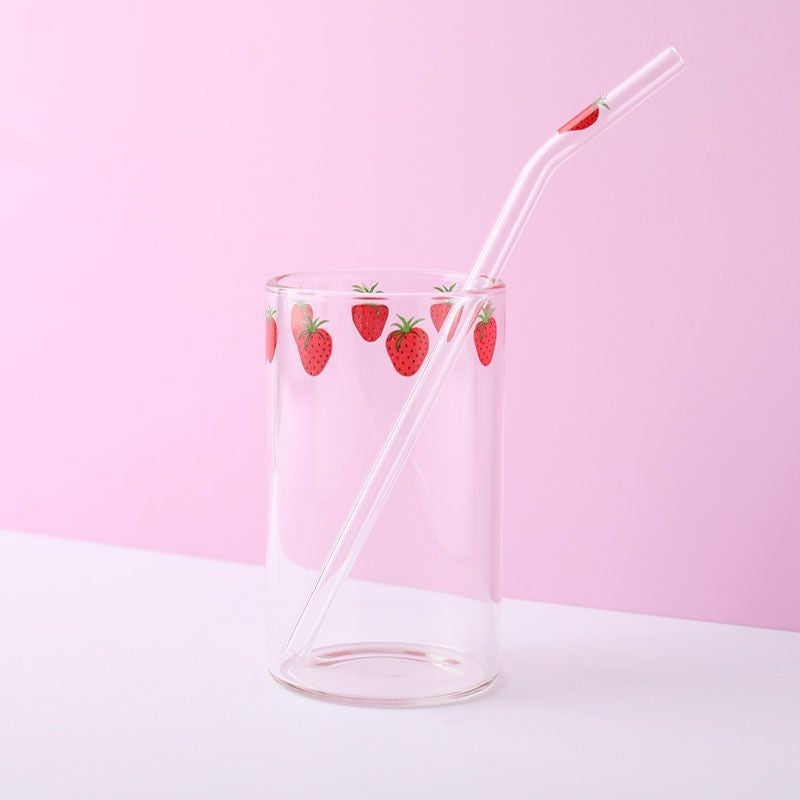 Canecas de Café Leite Água Resistentes ao Calor com Canudos Ins Nana Morango Óculos, Copo de Canudo Transparente para Sucos Smoothies Bebidas Geladas Fofo