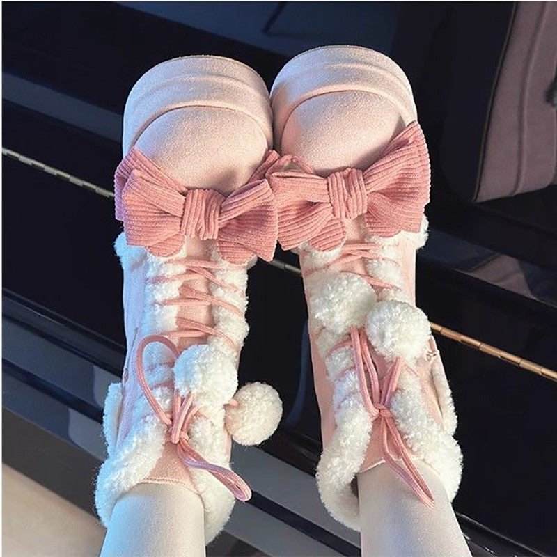 Sweet Winter Girls Lolita Mid-Calf Snow Boots,Cute Female Students Plush Warm Bowknots Lace Up Wedge Heel Heightening Shoes