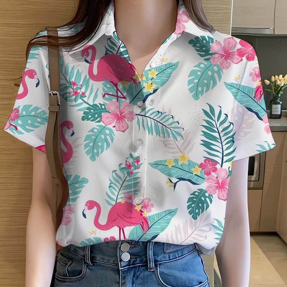 Womens Shirts  Cartoon Animal flamingo 3D Printed Casual Hawaiian Short Sleeve Button Beach Shirt Summer y2k Women's Clothes