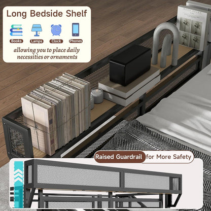 Size Loft Bed with Stairs and Storage, Metal Loft Bed Frame with Bedside Shelf and Large Under-Bed Space, Heavy-Duty Bed