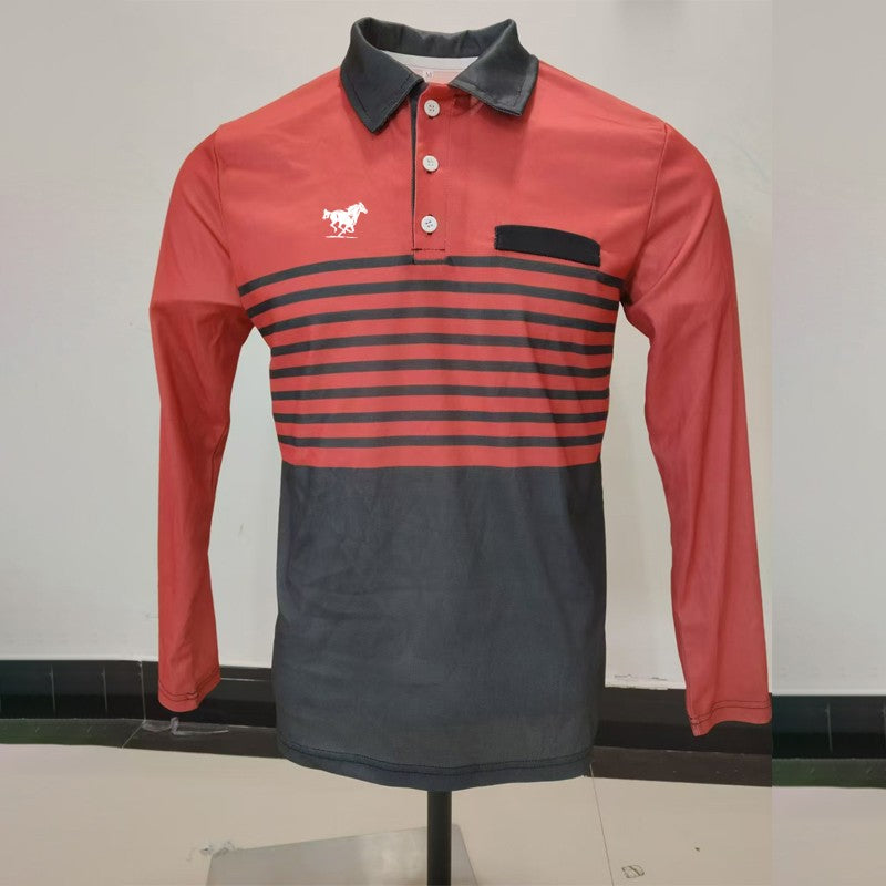 Horse Logo Pattern Print Men Clothes Spring Autumn Long Sleeve Polo Shirt Men Business Casual Turn-down Collar Tops Stripe Polo