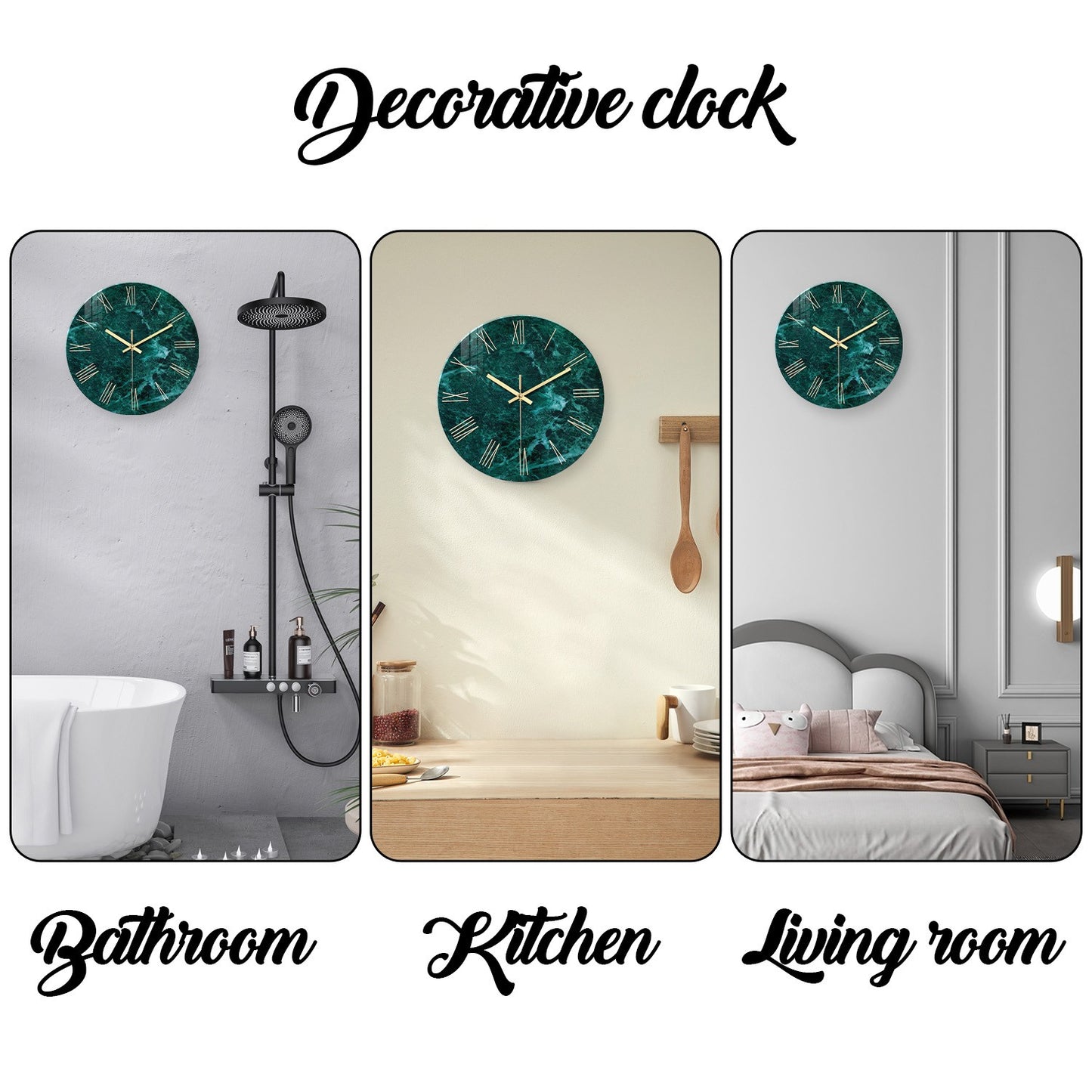 Creative Stylish Dark Green Marble Texture Pattern Tempered Glass Wall Clock Living Room Bedroom Kitchen Home Decoration Wall Clock Silent Quartz Clock Holiday Gift 12 Inches 14 Inches 16inch (Without Batteries)