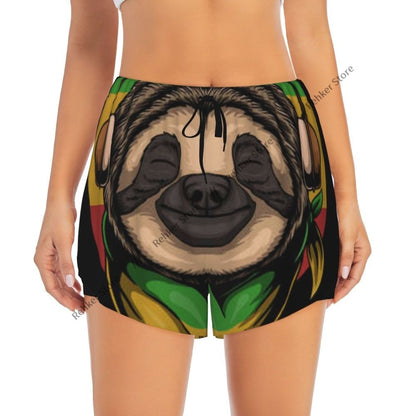 Women's Athletic Shorts Sloth Rasta A Wearing Headphones Running Yoga Fitness Quick-Dry Badminton Training With Pocket