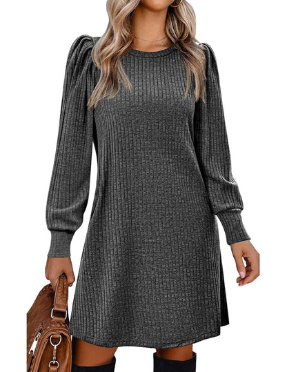 Y2K autumn and winter women's crew neck solid color sweater bubble sleeve fashion commuter dress comfortable casual loose dress