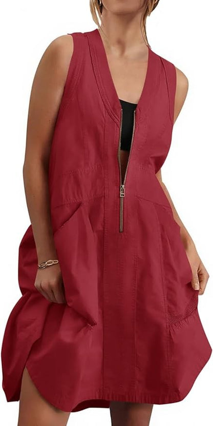 Fisoew Women's Sleeveless Mini Dress Half Zip V Neck Casual Mesh Back Summer Dress with Pockets sexy dress