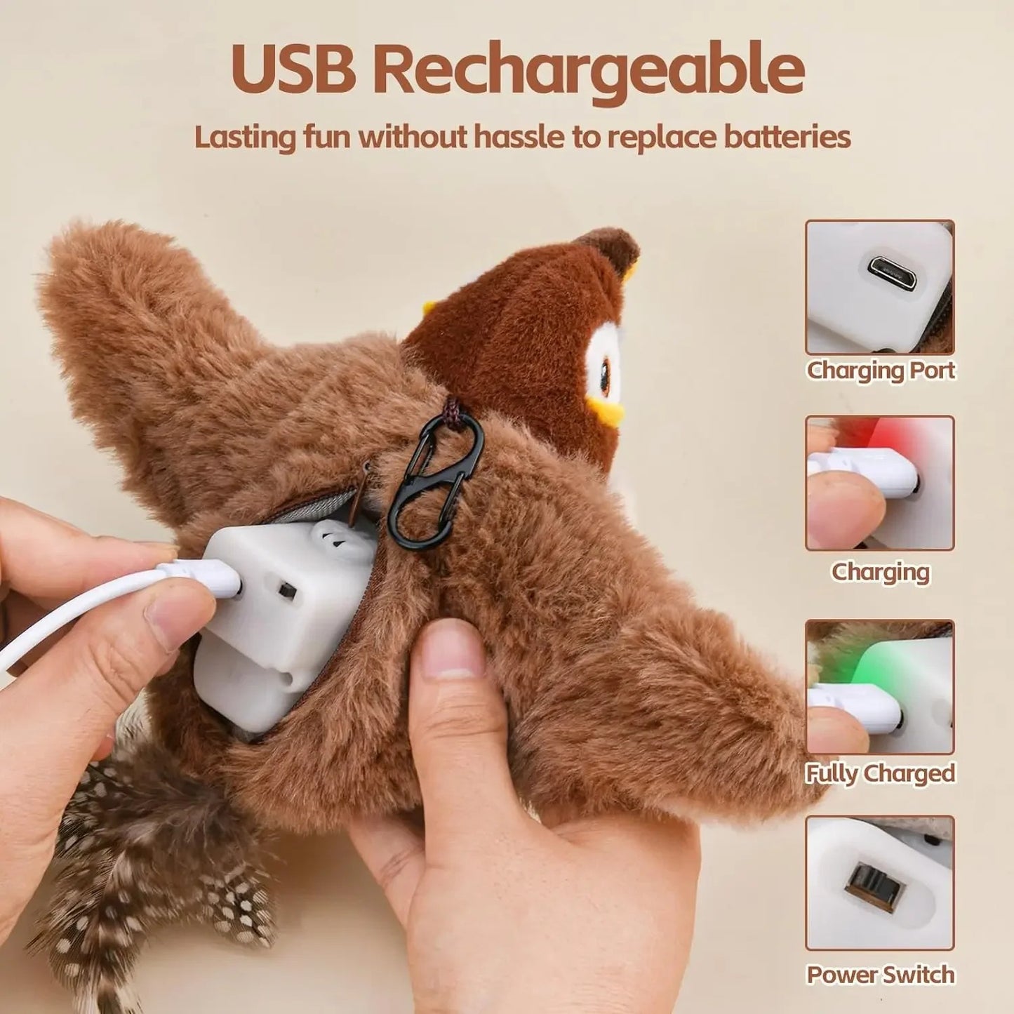 Brinquedos Interativos para Gatos Brinquedo de Pássaro Voador Recarregável para Gatos Pássaro Cantando Batendo Asas (não voa) Pode Adicionar Catnip Brinquedo de Pelúcia Ativado por Toque