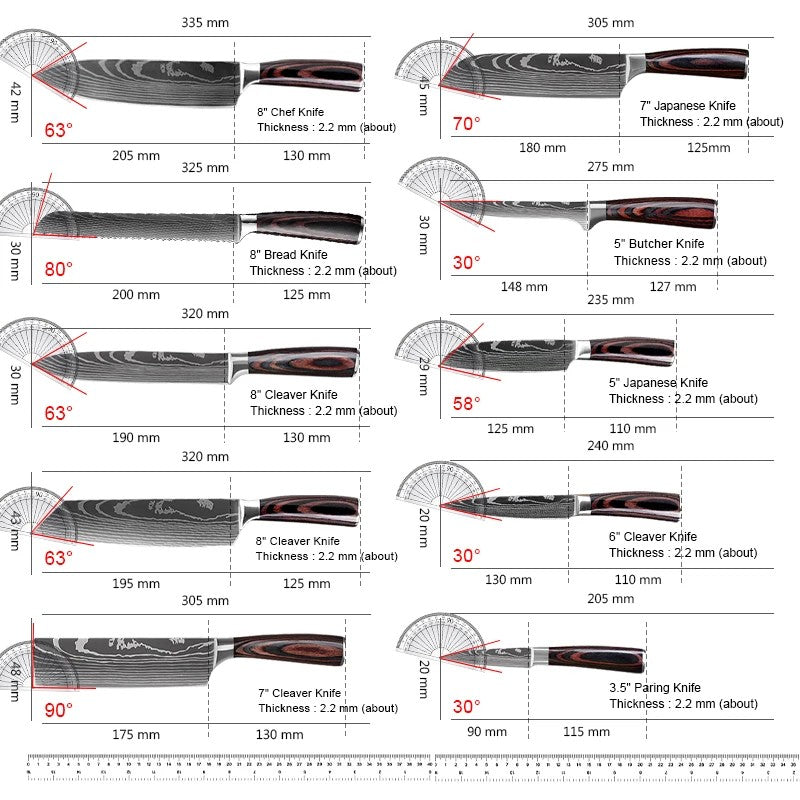 ZENG 10-piece set Damascus Pattern Cooking Cutter Kitchen Knife Chef Knives Meat Cleaver Fruit Vegetable Knife Slicing Knife