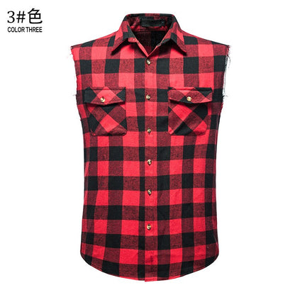 Men's Casual Flannel Plaid Sleeveless Shirt New Double Pocket Cowboy Button Down Shirts Men Cotton Plus Size Vest Checkered Top
