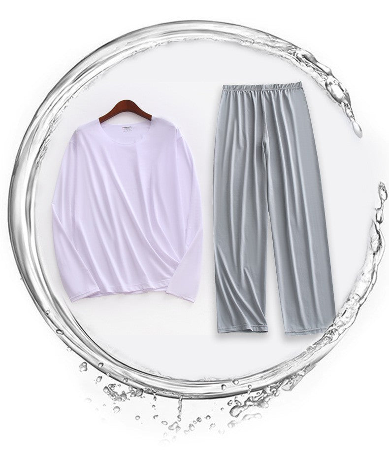 Plus Size 5XL Men Ice Silk Pajama Set Solid Long Sleeve Tops and Pants Sleepwear 2pcs Sets Soft Comfy Lounge Home Nightwear Male